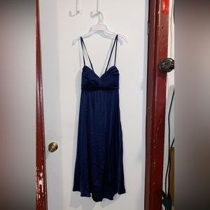 Windsor formal satin pleated navy blue midi dress